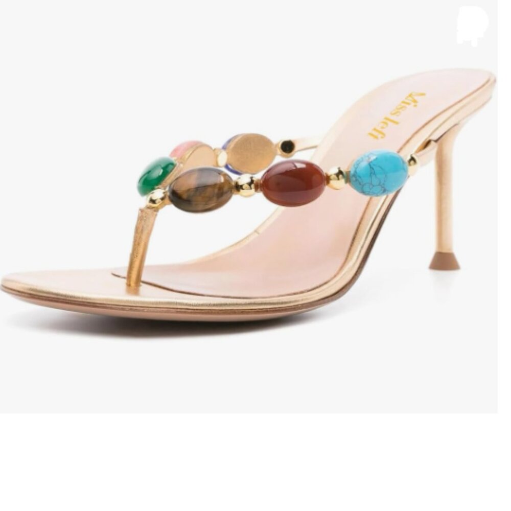 miss left Gold Jewelled Open Toe Flip Flops Sexy Thin High Heel Slip on Sandals